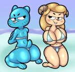  absurd_res anthro big_breasts big_butt bikini bovid breasts butt cartoon_network chi_chi&#039;s_mom clothing crossed_arms domestic_cat duo felid feline felis female hi_res holding_breast horn huge_breasts kneeling looking_at_another mammal mature_female nicole_watterson someth1ngoranother swimwear the_amazing_world_of_gumball thick_thighs 