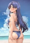  1girl :o absurdres ass ass_support b1ack_illust beach bikini blue_bikini blue_hair blush breasts butt_crack commentary commission dimples_of_venus halterneck hands_on_own_ass highres idolmaster idolmaster_(classic) idolmaster_million_live! kisaragi_chihaya looking_at_viewer looking_back outdoors pixiv_commission shoulder_blades skindentation small_breasts solo string_bikini swimsuit 