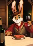 alcohol anthro beverage container cup dessert drinking_glass food glass glass_container glass_cup hi_res lagomorph leporid male mammal medieval_clothing medieval_fantasy pie rabbit rourkie slightly_chubby solo wine wine_bottle wine_glass 