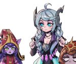  3girls alternate_costume alternate_hair_color blush braid character_request check_character closed_mouth collarbone colored_skin cowboy_shot crescent_necklace ears_through_headwear gwen_(league_of_legends) holding jewelry league_of_legends long_hair long_sleeves lulu_(league_of_legends) multiple_girls necklace phantom_ix_row pink_skin pointy_ears purple_hair red_headwear simple_background smile teamfight_tactics twin_braids twintails vex_(league_of_legends) white_background yordle 