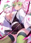  1girl belt black_skirt blurry braid breasts closed_mouth demon_slayer_uniform depth_of_field floating_hair green_eyes green_hair green_thighhighs haori heart holding holding_sword holding_weapon hong_(white_spider) japanese_clothes kanroji_mitsuri large_breasts long_hair looking_at_viewer mole mole_under_eye pink_hair pleated_skirt plunging_neckline skirt smile solo sword thighhighs thighs twin_braids weapon whip_sword white_belt zettai_ryouiki 