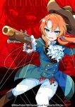  1girl ascot blue_eyes blue_gemstone blue_jacket brown_footwear cowboy_hat frilled_sleeves frills gem gulliver&#039;s_travels gun hat highres holding holding_gun holding_weapon jacket long_hair official_art orange_hair pants ponytail ramona_wolf solo ssm_a_u weapon white_ascot white_pants world_dai_star 