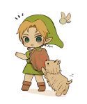  1boy animal ayu_(mog) belt blonde_hair blush boots brown_belt brown_footwear chibi dog dot_nose full_body green_headwear green_tunic link male_focus navi open_mouth pointy_ears scottish_terrier shield shield_on_back short_hair signature sword sword_on_back the_legend_of_zelda the_legend_of_zelda:_ocarina_of_time weapon weapon_on_back white_background wooden_shield young_link 
