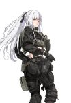  1girl ak-12_(girls&#039;_frontline) alternate_costume black_pants braid expressionless feet_out_of_frame french_braid girls&#039;_frontline grey_hair gun handgun highres long_hair looking_at_viewer looking_back midriff military mutugorou_u pants parted_lips purple_eyes simple_background solo standing tactical_clothes unusually_open_eyes weapon white_background 