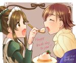  2girls apron artist_name brown_background brown_eyes brown_hair closed_eyes commentary_request dated dress earrings english_text eyelashes feeding food fork green_dress happy_birthday holding holding_fork honda_mio idolmaster idolmaster_cinderella_girls jewelry maid_apron maid_headdress multiple_girls open_mouth plate pudding short_hair sleeve_cuffs sweater takamori_aiko turtleneck turtleneck_sweater upper_body yoyotu 