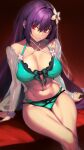  1girl bare_shoulders bikini breasts cleavage collarbone dynamitenatalia fate/grand_order fate_(series) green_bikini highres large_breasts long_hair looking_at_viewer navel purple_hair red_eyes scathach_(fate) scathach_skadi_(fate) scathach_skadi_(swimsuit_ruler)_(fate) scathach_skadi_(swimsuit_ruler)_(final_ascension)_(fate) smile solo swimsuit thighs 