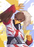  2022 5_fingers abstract_background anthro avian beak bird blue_eyes brown_body brown_feathers clothed clothing feathers female fingers hi_res martial_arts_uniform pose redustheriotact solo sportswear takah_(india_actual) white_body white_feathers 