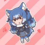  1girl animal_ears black_eyes blazer blue_hair bow bowtie dire_wolf_(kemono_friends) extra_ears full_body jacket kemono_friends kemono_friends_v_project kneehighs long_hair looking_at_viewer microphone numazoko_namazu pink_background ribbon scarf shoes simple_background skirt socks solo tail twintails virtual_youtuber wolf_ears wolf_girl wolf_tail 