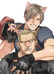  2boys animal_ears beret black_gloves black_shirt blonde_hair blue_eyes brown_hair bulletproof_vest cat_boy cat_ears fingerless_gloves gloves hat holding holding_clothes holding_hat holster jack_krauser leon_s._kennedy looking_at_another male_focus multiple_boys muscular muscular_male resident_evil resident_evil_4 resident_evil_4_(remake) scar scar_across_eye scar_on_face shirt short_hair shoulder_holster simple_background smile tatsumi_(psmhbpiuczn) teeth white_background 
