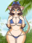  accessory anthro areola areola_slip bikini blacksheeptfs blep blue_eyes blush brown_hair clothing domestic_cat felid feline felis female hair hair_accessory hair_ribbon hi_res mammal nana_(whooo-ya) nipple_outline outside palm_tree plant ribbons sky solo swimwear thick_thighs tongue tongue_out tree whiskers whooo-ya wide_hips 