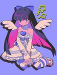  1girl :o angel_wings artist_name bare_shoulders black_hair blue_bow blue_eyes blunt_bangs bow choker detached_sleeves dress drop_shadow film_grain frilled_choker frilled_dress frills full_body hair_bow highres menma_(enaic31) multicolored_hair nail_polish panty_&amp;_stocking_with_garterbelt pink_hair purple_background sandals simple_background sitting sleeves_past_wrists solo spaghetti_strap star_(symbol) stocking_(psg) streaked_hair striped striped_thighhighs thighhighs toenail_polish toenails twitter_username two-tone_hair white_choker white_dress wings 