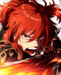  1boy blood blood_on_face claymore_(sword) diluc_(genshin_impact) fire genshin_impact hair_between_eyes highres looking_at_another male_focus open_mouth red_eyes red_hair teeth yuka_(pixiv38407039) 