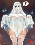  1girl ? breasts ghost_costume heart hitodama large_breasts naked_costume nikichen nipples original see-through solo speech_bubble thighhighs torn_clothes torn_thighhighs white_thighhighs 
