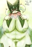  absurd_res anthro areola bedroom_eyes big_breasts blush breasts domiskebet female generation_9_pokemon genitals green_areola green_body green_nipples hand_on_breast hi_res huge_breasts looking_at_viewer mask meowscarada narrowed_eyes nintendo nipples nude open_mouth pink_eyes pokemon pokemon_(species) pussy seductive slightly_chubby solo 