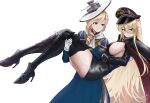  2girls azur_lane bismarck_(azur_lane) black_skirt blonde_hair blue_eyes blush breasts carrying drill_hair hat hood_(azur_lane) irkawaza large_breasts long_hair military_hat multiple_girls princess_carry sideboob simple_background skirt thighhighs white_background yuri 