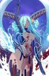 +_+ 1girl blue_hair breasts curled_horns fate/grand_order fate_(series) highres horns large_breasts light_blue_hair lulu3677 navel nipples one_eye_covered pink_eyes solo tiamat_(fate) 