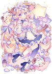  1girl apron bangs blonde_hair blue_footwear blush bow braid cake cloud commentary food fork frills gloves goat goat_horns hair_bow holding holding_fork horns hyou_(pixiv3677917) lantern long_hair original pillow pointy_ears purple_eyes single_leg_pantyhose smile socks solo star_(symbol) symbol-only_commentary twin_braids white_gloves white_socks 