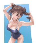  1girl armpits arms_up blue_one-piece_swimsuit blush breasts brown_hair cleavage collarbone double_bun hair_bun hamedoragon highleg highleg_swimsuit holding holding_hair idolmaster idolmaster_shiny_colors large_breasts looking_at_viewer one-piece_swimsuit school_swimsuit sideboob simple_background smile solo sonoda_chiyoko swimsuit twintails two-tone_background water_drop 