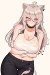  1girl ahoge arms_under_breasts black_nails black_pants blush breasts closed_mouth collar cowboy_shot ear_piercing glasses grey_eyes grey_hair hair_between_eyes highres hololive large_breasts lion_tail long_hair looking_at_viewer pants piercing shirt shishiro_botan simple_background smile solo spiked_collar spikes tail varniskarnis virtual_youtuber white_background white_shirt 