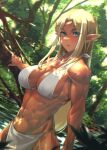  2022 abs athletic athletic_female blonde_hair blue_eyes bottomwear breasts cleavage clothed clothing deltoids dutch_angle elf female forest hair hi_res humanoid humanoid_pointy_ears loincloth mikel_(4hands) not_furry outside plant solo tan_body tan_skin tree 