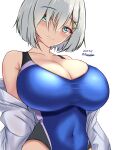  1girl blue_eyes blush breasts competition_swimsuit covered_navel dated grey_hair hair_ornament hair_over_one_eye hairclip hamakaze_(kancolle) highres jacket kantai_collection large_breasts looking_at_viewer montemasa one-piece_swimsuit short_hair simple_background smile solo swimsuit swimsuit_under_clothes twitter_username 