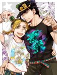  1boy 1girl black_hair blonde_hair bracelet cone_hair_bun double_bun father_and_daughter green_hair green_lips green_nails hair_bun highres jewelry jojo_no_kimyou_na_bouken kujo_jolyne kujo_jotaro midriff_peek mikan03260 multicolored_hair pointing pointing_at_viewer ring shirt spider_web_print stone_ocean t-shirt triangle_print two-tone_hair 