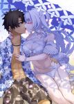  1boy 1girl ahoge bare_shoulders black_hair bracelet breasts camouflage camouflage_shorts commission falling_petals fate/grand_order fate_(series) french_kiss fujimaru_ritsuka_(male) fujimaru_ritsuka_(male)_(tropical_summer) hand_on_another&#039;s_chest hand_on_another&#039;s_neck hand_on_another&#039;s_waist hawaiian_shirt hetero highres jewelry kiss lady_avalon_(fate) medium_breasts merlin_(fate/prototype) open_clothes open_mouth open_shirt petals pink_nails pixiv_commission red_eyes sand shirt shorts sweatdrop swimsuit umbrella white_hair yata_masahara 