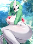  2023 areola big_breasts blush breasts butt digital_media_(artwork) eyebrows female fingers gardevoir generation_3_pokemon green_hair hair hi_res looking_at_viewer lying nintendo nipples on_side pokemon pokemon_(species) red_eyes sana!rpg side_view solo water 