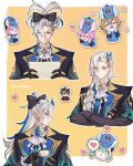  +_+ 2boys 4girls :d :o ^_^ aeife_(genshin_impact) alternate_hairstyle animal_ears ascot asymmetrical_bangs black_bow black_coat black_gloves blathine_(genshin_impact) blue_eyeshadow blue_hair blue_headwear blue_jacket blunt_bangs blush blush_stickers border bow braid braided_ponytail brooch brown_hair chibi closed_eyes closed_mouth coat commentary crossed_arms cup english_commentary expressionless eyeshadow flower_(symbol) frilled_sleeves frills genshin_impact gloves gold_trim hair_between_eyes hair_bow hair_ornament hair_over_shoulder hand_up hands_on_own_cheeks hands_on_own_face hands_up hat heart heart-shaped_pupils high_ponytail highres holding holding_cup holding_paper jacket jewelry lapels lin_(chuuchuyi) long_hair long_sleeves looking_to_the_side makeup male_focus melusine_(genshin_impact) muirne_(genshin_impact) multicolored_hair multiple_boys multiple_girls multiple_views neuvillette_(genshin_impact) open_mouth outline outside_border paper parted_bangs pink_hair pointy_ears polka_dot polka_dot_background purple_eyes sedene_(genshin_impact) short_hair simple_background single_braid smile star-shaped_pupils star_(symbol) streaked_hair swept_bangs symbol-shaped_pupils teacup uniform updo upper_body white_ascot white_border white_hair white_outline wide-eyed wriothesley_(genshin_impact) yellow_background 