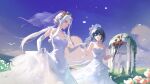  2girls artuvia bare_shoulders blue_eyes blue_hair blue_sky bouquet bridal_veil bride byleth_(female)_(fire_emblem) byleth_(fire_emblem) dress edelgard_von_hresvelg fire_emblem fire_emblem:_three_houses flower gloves grass highres holding holding_bouquet holding_hands long_hair multiple_girls purple_eyes short_hair sky veil wedding wedding_dress white_dress white_gloves white_hair yuri 