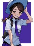  1girl arm_up backpack bag blush braid breast_pocket brown_eyes brown_hair collared_shirt commentary_request eyelashes grin hand_on_headwear hat juliana_(pokemon) looking_at_viewer pocket pokemon pokemon_(game) pokemon_sv purple_shorts rewin_(nobabys_perfect) school_uniform shirt short_sleeves shorts smile solo teeth white_shirt 