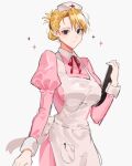  1girl archived_source bad_id bad_twitter_id blonde_hair brown_eyes dress fullmetal_alchemist hat holding joman juliet_sleeves korean_commentary long_sleeves looking_at_viewer nurse nurse_cap pen pink_dress pocket puffy_sleeves riza_hawkeye smile solo star_(symbol) upper_body white_background white_wrist_cuffs 