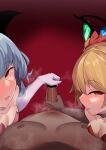  1boy 2girls absurdres blonde_hair blue_hair blush breasts choker cleavage elbow_gloves flandre_scarlet glansjob gloves highres leotard masturbation multiple_girls penis red_eyes remilia_scarlet sinkai small_breasts smile steaming_body touhou wings 