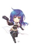  1girl black_pantyhose blue_hair chibi fingerless_gloves full_body gloves green_eyes gun long_hair looking_at_viewer maria_traydor misono_mitama open_mouth pantyhose simple_background skirt solo star_ocean star_ocean_till_the_end_of_time weapon white_background 