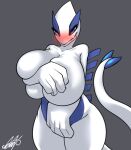  anthro big_breasts big_hands blush breasts covering covering_breasts covering_crotch covering_pussy dragon female game_freak generation_2_pokemon hi_res huge_breasts humanoid legendary_pokemon long_tail lugia megi nintendo pokemon pokemon_(species) solo tail white_body 