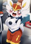  2023 ambiguous_gender anthro ball blush cinderace dagasi digital_media_(artwork) duo english_text fingers fur generation_1_pokemon generation_8_pokemon hi_res mammal nintendo open_mouth outside pikachu pokemon pokemon_(species) soccer_ball solo_focus text young 