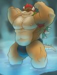  2018 abs anthro armpit_hair barazoku big_bulge body_hair bowser bowser_day bulge clothing detailed_bulge digital_media_(artwork) flexing full-length_portrait hair hi_res hot_spring koopa light lighting looking_at_viewer male mario_bros musclegut muscular muscular_anthro muscular_male nintendo nipples partially_submerged partially_submerged_legs pecs pinup portrait pose red_hair scalie shell slightly_chubby solo speedo spiked_shell spikes spikes_(anatomy) steen swimwear thick_thighs water 