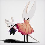  1girl 1other alicezakat arm_up arthropod_girl black_eyes black_skin blank_eyes cape cloak colored_skin commentary english_commentary full_body grey_background high_collar highres hollow_knight hornet_(hollow_knight) knight_(hollow_knight) lifting_person needle_(hollow_knight) outstretched_arm purple_cape red_cloak signature simple_background size_difference standing twitter_username weapon weapon_on_back 
