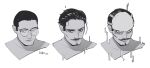  1boy artist_name black_hair cropped_shoulders facial_hair glasses goatee golden_kamuy h4tter highres looking_at_viewer male_focus metal_plate mustache portrait progression round_eyewear short_hair simple_background smile tsurumi_tokushirou variations white_background 