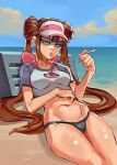  absurdres beach bikini bikini_bottom_only black_bikini cigarette double_bun doughnut_hair_bun hair_bun highres holding holding_cigarette poke_ball_print pokemon pokemon_(game) pokemon_bw2 raglan_sleeves ribosoma_42 rosa_(pokemon) sky stomach swimsuit twintails visor_cap water 