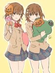  2girls asshuku black_skirt blazer bow bowtie brown_eyes brown_hair brown_jacket candy clone closed_mouth commentary_request food gekota hair_ornament hairpin highres holding holding_candy holding_food holding_lollipop holding_stuffed_toy jacket lollipop looking_at_viewer mask mask_on_head misaka_imouto misaka_mikoto multiple_girls plaid plaid_skirt pumpkin_mask red_bow red_bowtie school_uniform signature simple_background sketch skirt stuffed_animal stuffed_frog stuffed_toy toaru_kagaku_no_railgun toaru_majutsu_no_index tokiwadai_school_uniform wavy_mouth winter_uniform 