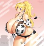  1girl alternate_breast_size animal_ears animal_print bikini blonde_hair breasts cleavage cow_ears cow_girl cow_horns cow_print cow_tail curvy dated elbow_gloves english_text gigantic_breasts gloves highres horns lulu-chan92 purple_eyes rwby smile solo swimsuit tail thick_thighs thighs thong twitter_username wide_hips yang_xiao_long 
