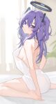  1girl absurdres backless_dress backless_outfit bare_legs barefoot bed_sheet blue_archive blush breasts chinoryuu dress halo head_tilt highres indoors large_breasts long_hair looking_at_viewer looking_to_the_side median_furrow purple_eyes purple_hair see-through_silhouette sitting solo two_side_up very_long_hair wariza white_dress yuuka_(blue_archive) 