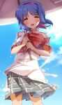  1girl :d blue_hair blue_sky blush ca2la commentary_request cowboy_shot day eyelashes floating_clothes floating_hair grey_skirt hair_between_eyes hairband highres holding holding_umbrella little_busters! looking_at_viewer miniskirt neck_ribbon nishizono_mio open_mouth outdoors pink_ribbon plaid plaid_skirt pleated_skirt red_hairband ribbon school_uniform shirt short_hair short_sleeves skirt sky smile solo standing umbrella white_shirt white_umbrella wind yellow_eyes 