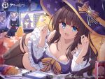  1girl :d azur_lane bare_shoulders black_thighhighs blue_eyes blunt_bangs breasts brown_hair cleavage collarbone computer dress frilled_sleeves frills ghost halloween halloween_costume hat highres holding jacket long_hair long_island_(azur_lane) long_island_(long_island&#039;s_spooky_stream)_(azur_lane) long_sleeves looking_at_viewer official_alternate_costume official_art open_mouth purple_headwear purple_jacket sidelocks sitting sleeveless sleeveless_dress smile solo t@ke-g thighhighs very_long_hair white_dress witch_hat zettai_ryouiki 