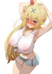  1girl ahoge armpits arms_up blonde_hair blue_shorts blush breasts closed_mouth covered_nipples crop_top front-tie_top fumihiko_(fu_mihi_ko) hair_ornament hair_ribbon heterochromia highres hoshikawa_sara hoshikawa_sara_(1st_costume) huge_breasts long_hair looking_at_viewer navel nijisanji no_bra no_panties orange_eyes red_eyes ribbon see-through see-through_shirt shirt short_shorts shorts side_ponytail simple_background smile solo standing sweat tank_top thighs tied_shirt very_long_hair virtual_youtuber white_background white_tank_top x_hair_ornament 
