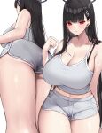  1girl absurdres ass bare_shoulders black_hair blue_archive blunt_bangs blush breasts collarbone commentary_request hair_ornament hairclip halo highres huge_breasts long_hair looking_at_viewer mono_(mo_n_mno) multiple_views parted_lips red_eyes rio_(blue_archive) shirt shorts sleeveless sleeveless_shirt thighs twitter_username very_long_hair 