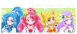  4girls artist_logo blonde_hair blue_eyes blue_hair choker commentary_request copyright_name cure_earth cure_fontaine cure_grace cure_sparkle earrings eyelashes flower fuurin_asumi green_eyes hair_flower hair_ornament hanadera_nodoka happy healin&#039;_good_precure hiramitsu_hinata jewelry kamikita_futago long_hair looking_at_viewer magical_girl multiple_girls pink_choker pink_eyes pink_hair pom_pom_(clothes) pom_pom_earrings ponytail precure puffy_sleeves purple_eyes purple_hair sawaizumi_chiyu smile twintails 