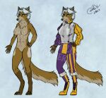  2023 anthro armor blokfort breasts brown_body canid canine canis clothing coyote female fur genitals green_eyes grey_hair hair hi_res mammal medieval medieval_clothing model_sheet nude pussy simple_background solo 
