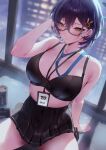  1girl :o absurdres arm_support bare_shoulders black_bra black_skirt blue-framed_eyewear blue_archive blue_hair blue_necktie blurry blurry_background blush bra breasts chihiro_(blue_archive) collarbone dated_commentary glasses hair_ornament halo hand_in_own_hair highres indoors lanyard large_breasts looking_at_viewer necktie no_shirt pleated_skirt rororo semi-rimless_eyewear short_hair sitting skirt solo under-rim_eyewear underwear white_background 